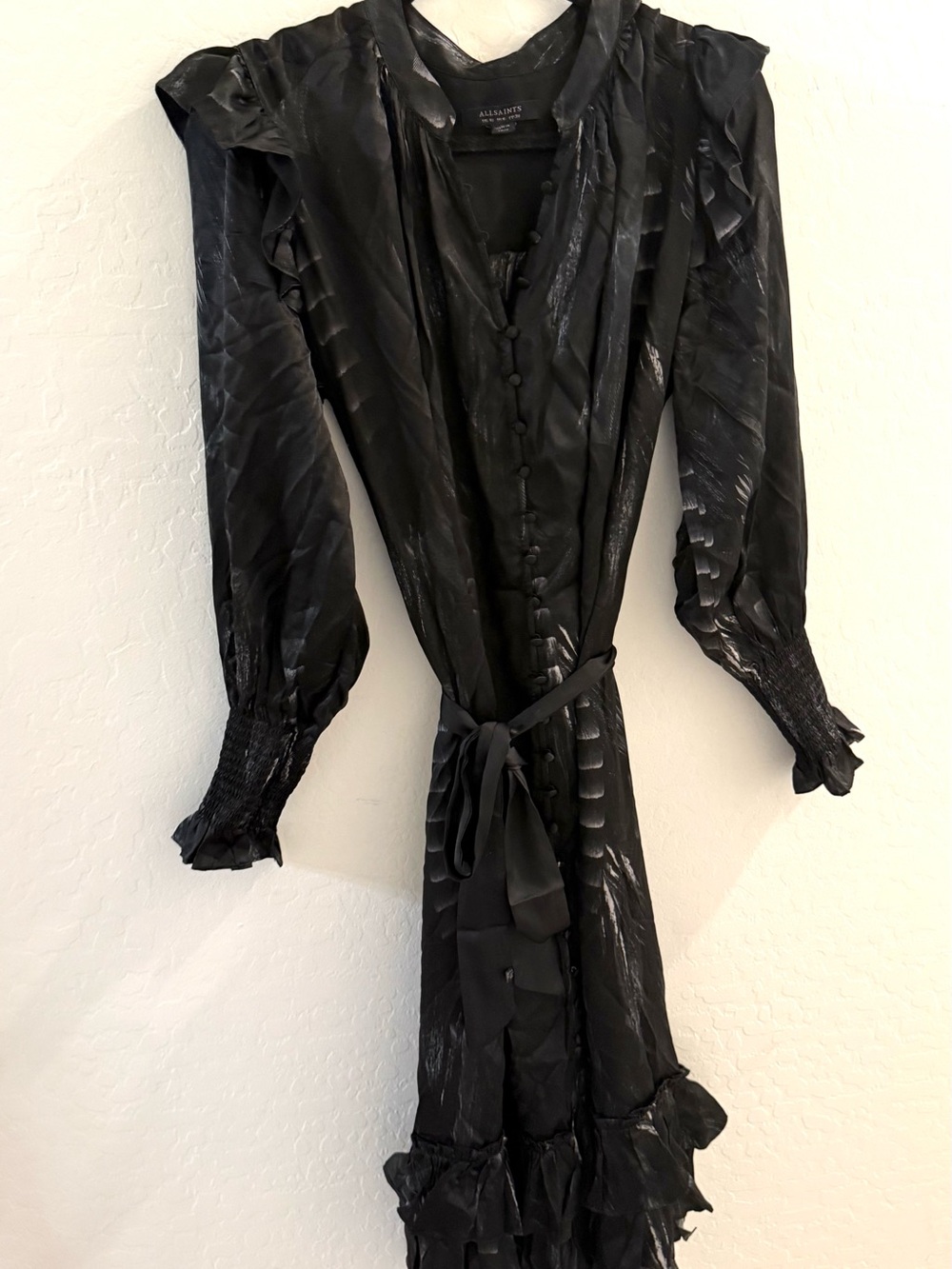 All Saints Lara Silk Viola Ruffle Feathered Print MIDI Dress $398 - Picture 7 of 11